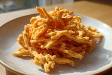 A mound of golden, crispy cheese straws piled high on a light-colored ceramic plate, catching bright sunlight.