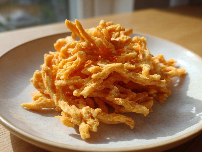 A mound of golden, crispy cheese straws piled high on a light-colored ceramic plate, catching bright sunlight.