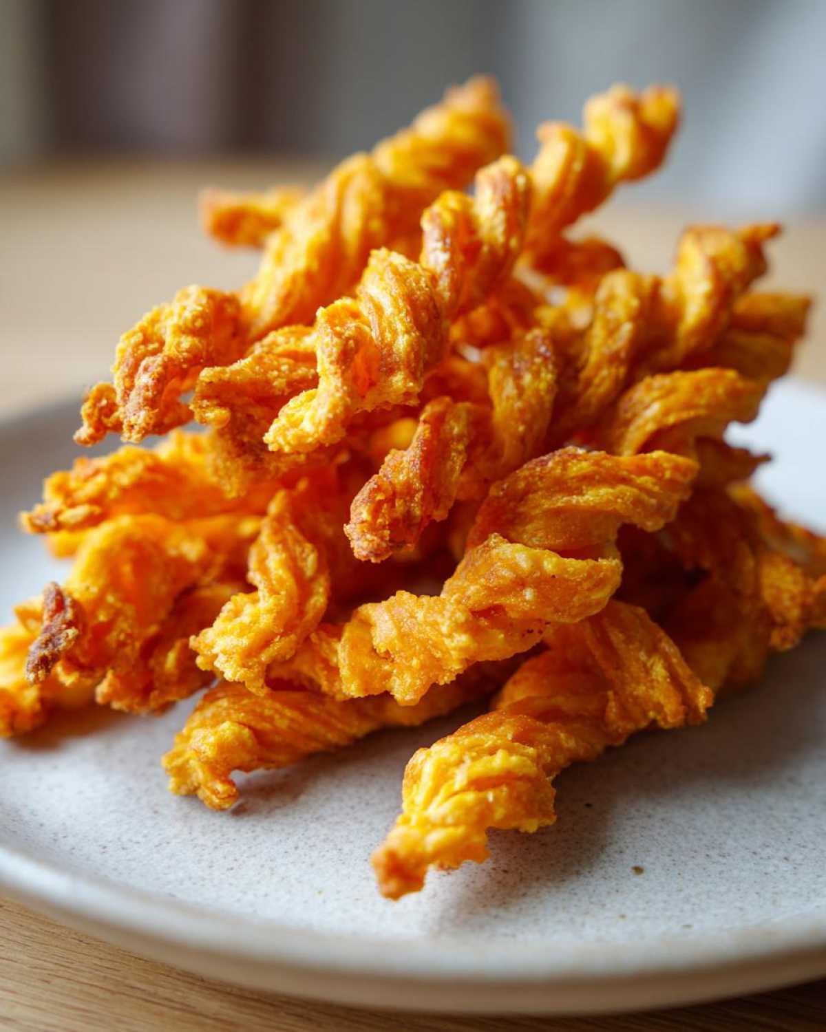 A close-up, appetizing shot of a pile of golden, flaky, twisted cheese straws on a light gray plate.
