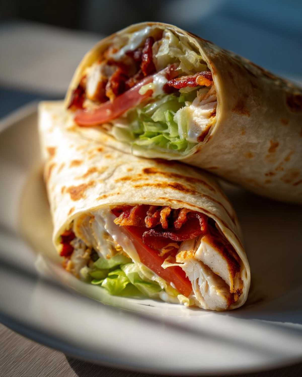 Two halves of a crispy chicken bacon ranch wrap stacked on a white plate, showing chicken, bacon, lettuce, and tomato.