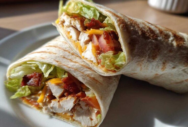 Two halves of a grilled chicken bacon ranch wrap, showing chunks of chicken, bacon, cheese, and lettuce.