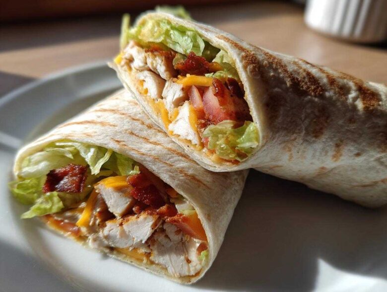 Two halves of a grilled chicken bacon ranch wrap, showing chunks of chicken, bacon, cheese, and lettuce.
