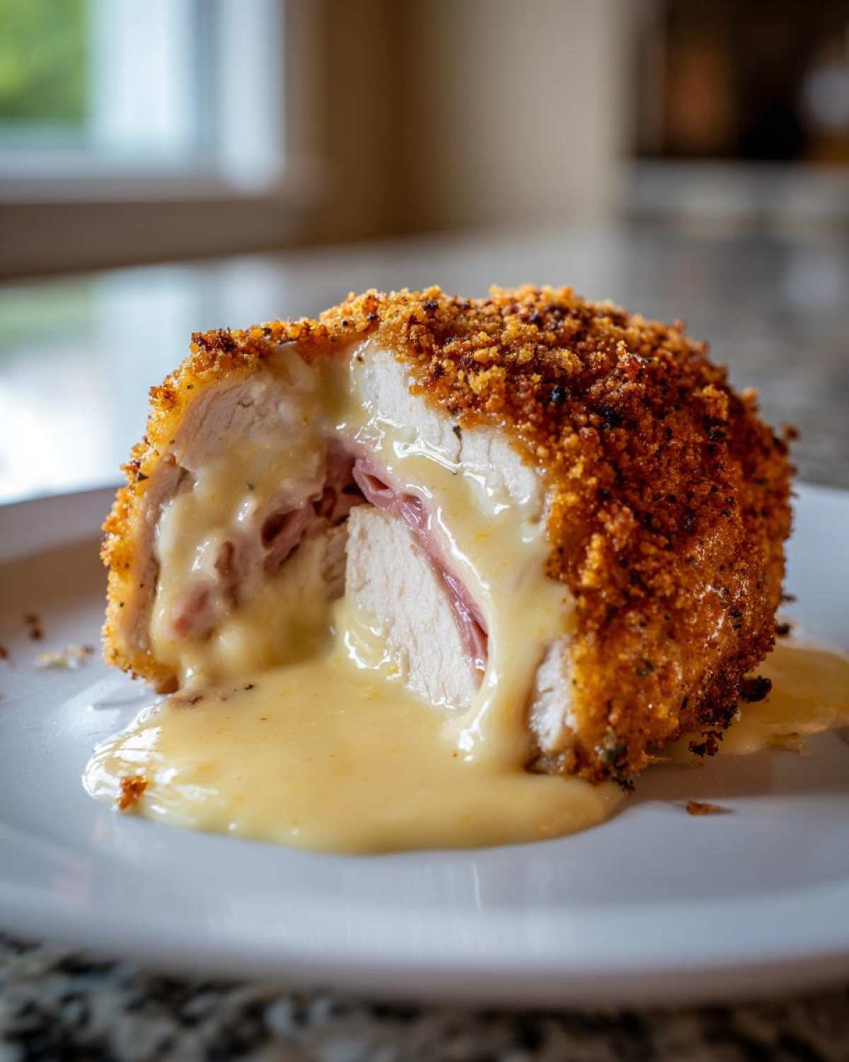 Cross-section of a crispy chicken cordon bleu showing melted cheese and ham spilling out onto a white plate.
