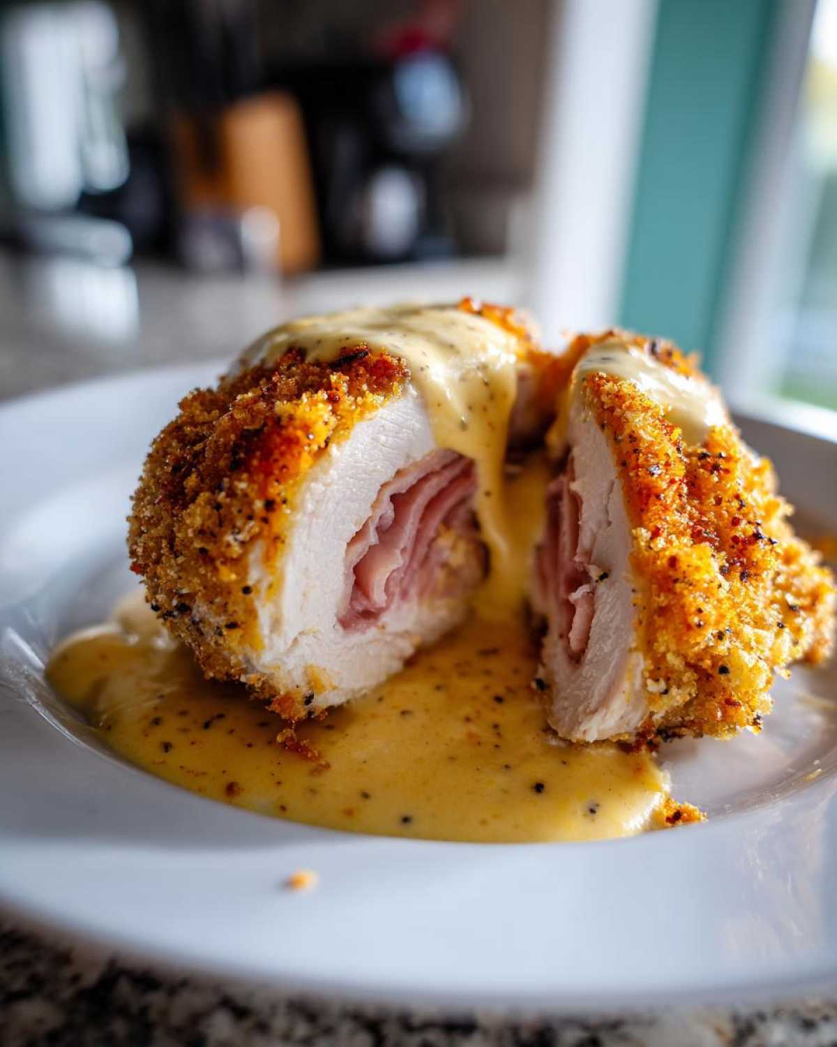 A perfectly cooked chicken cordon bleu, sliced in half to show ham and cheese filling, topped with creamy mustard sauce.