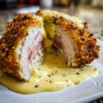 A cross-section of crispy, breaded chicken cordon bleu revealing ham and cheese, drizzled with a creamy herb sauce.