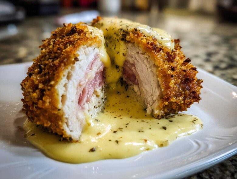 A cross-section of crispy, breaded chicken cordon bleu revealing ham and cheese, drizzled with a creamy herb sauce.