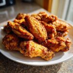 A pile of golden brown, crispy chicken wing pieces served on a white plate, highlighted by sunlight.