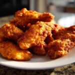A close-up of a pile of perfectly crispy, golden-brown chicken wing pieces served on a white plate.