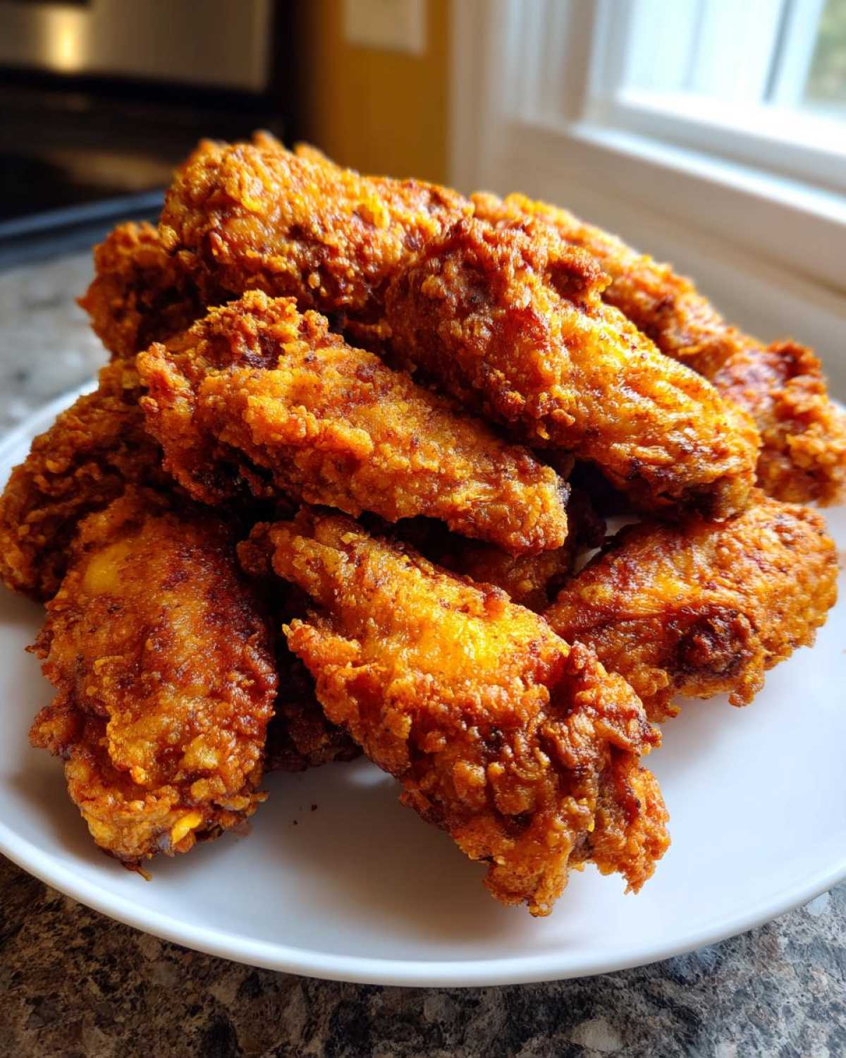 A close-up of a pile of perfectly fried, crispy chicken wing pieces resting on a white plate.