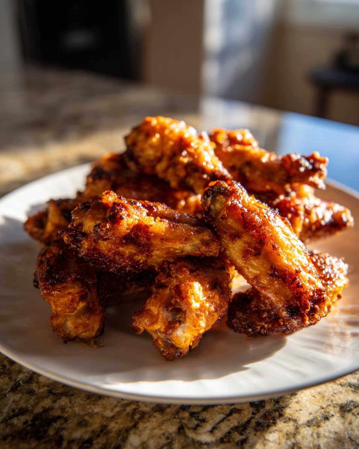 A close-up of a pile of perfectly crispy, glazed chicken wing served on a white plate.