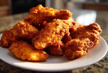 A close-up of a pile of perfectly crispy, golden-brown chicken wing pieces served on a white plate.