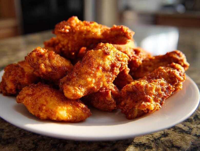 A close-up of a pile of perfectly crispy, golden-brown chicken wing pieces served on a white plate.