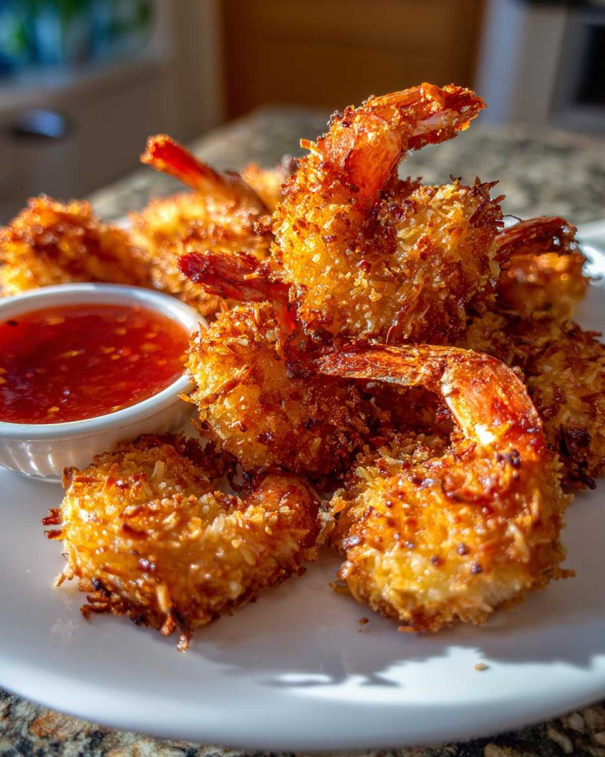 Close-up of perfectly golden brown, crispy coconut shrimp served on a white plate next to sweet chili dipping sauce.