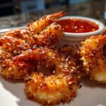 Close-up of golden brown, crispy coconut shrimp arranged on a white plate next to a small bowl of sweet chili sauce.