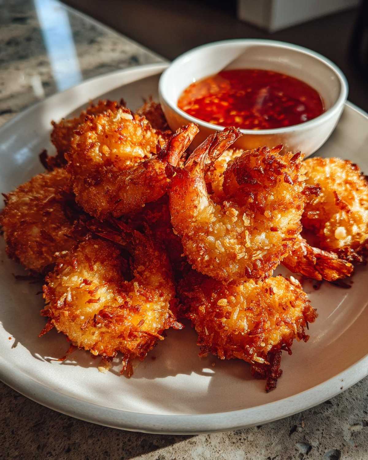 A plate of golden brown, crispy coconut shrimp served with a small bowl of sweet chili dipping sauce.