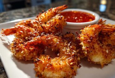 Close-up of golden brown, crispy coconut shrimp arranged on a white plate next to a small bowl of sweet chili sauce.