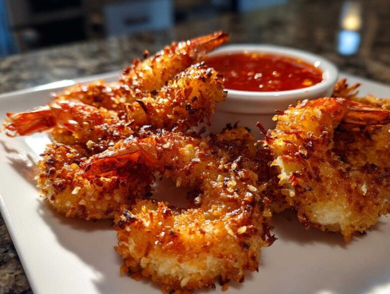 Close-up of golden brown, crispy coconut shrimp arranged on a white plate next to a small bowl of sweet chili sauce.