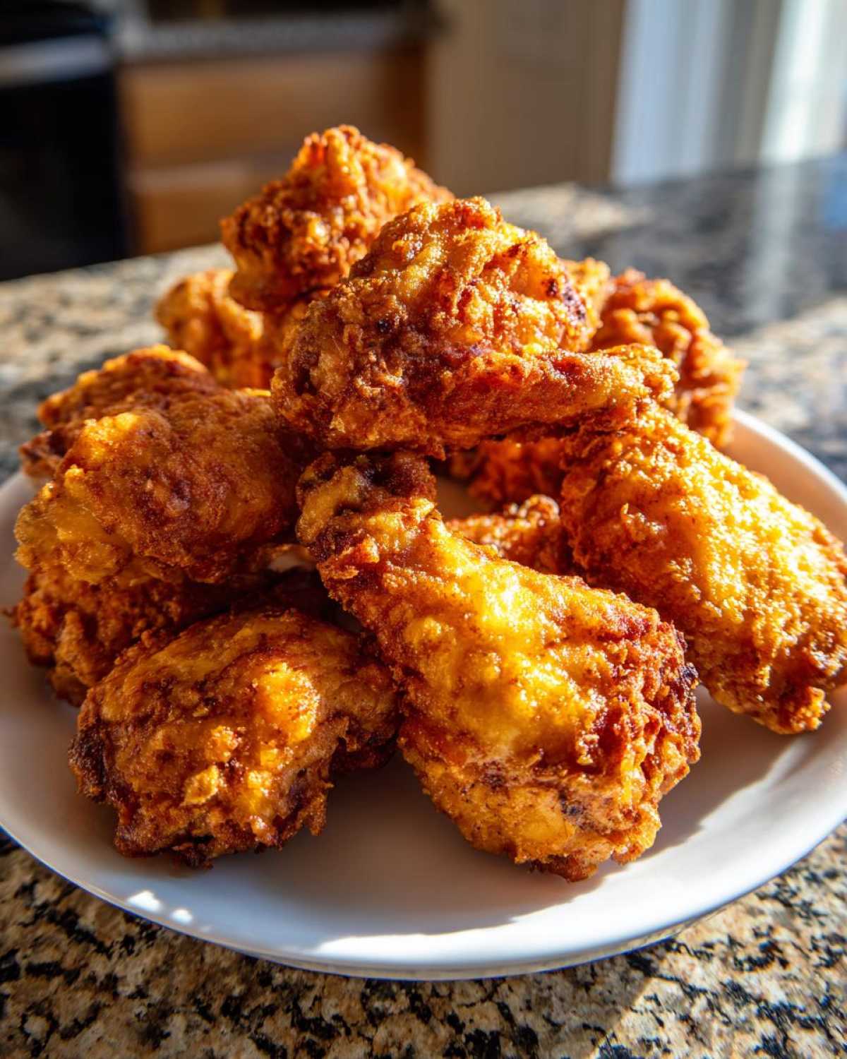A generous pile of golden brown, crispy fried chicken wing pieces stacked on a white plate.