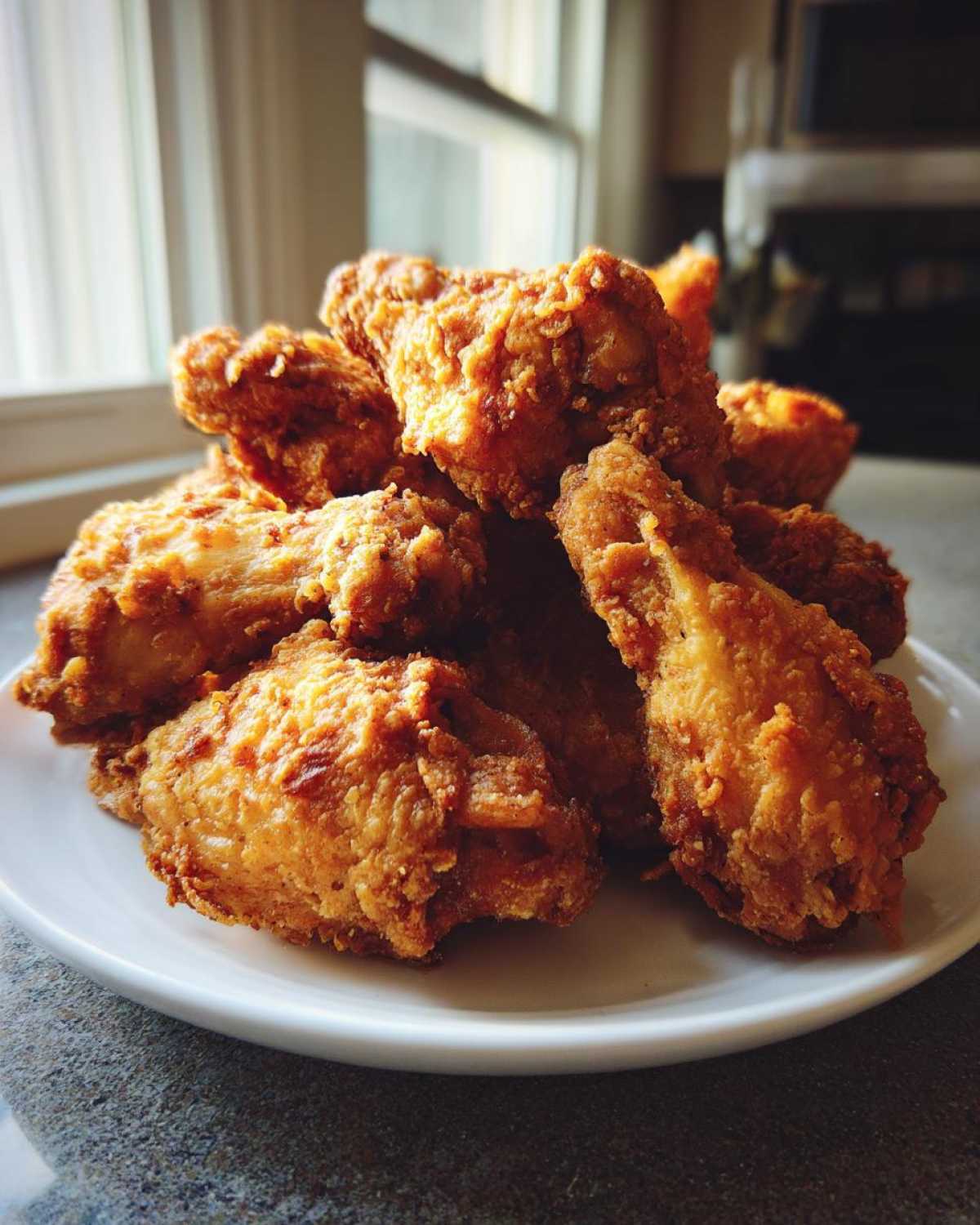 A close-up of a pile of golden brown, crispy fried chicken wing pieces stacked on a white plate.