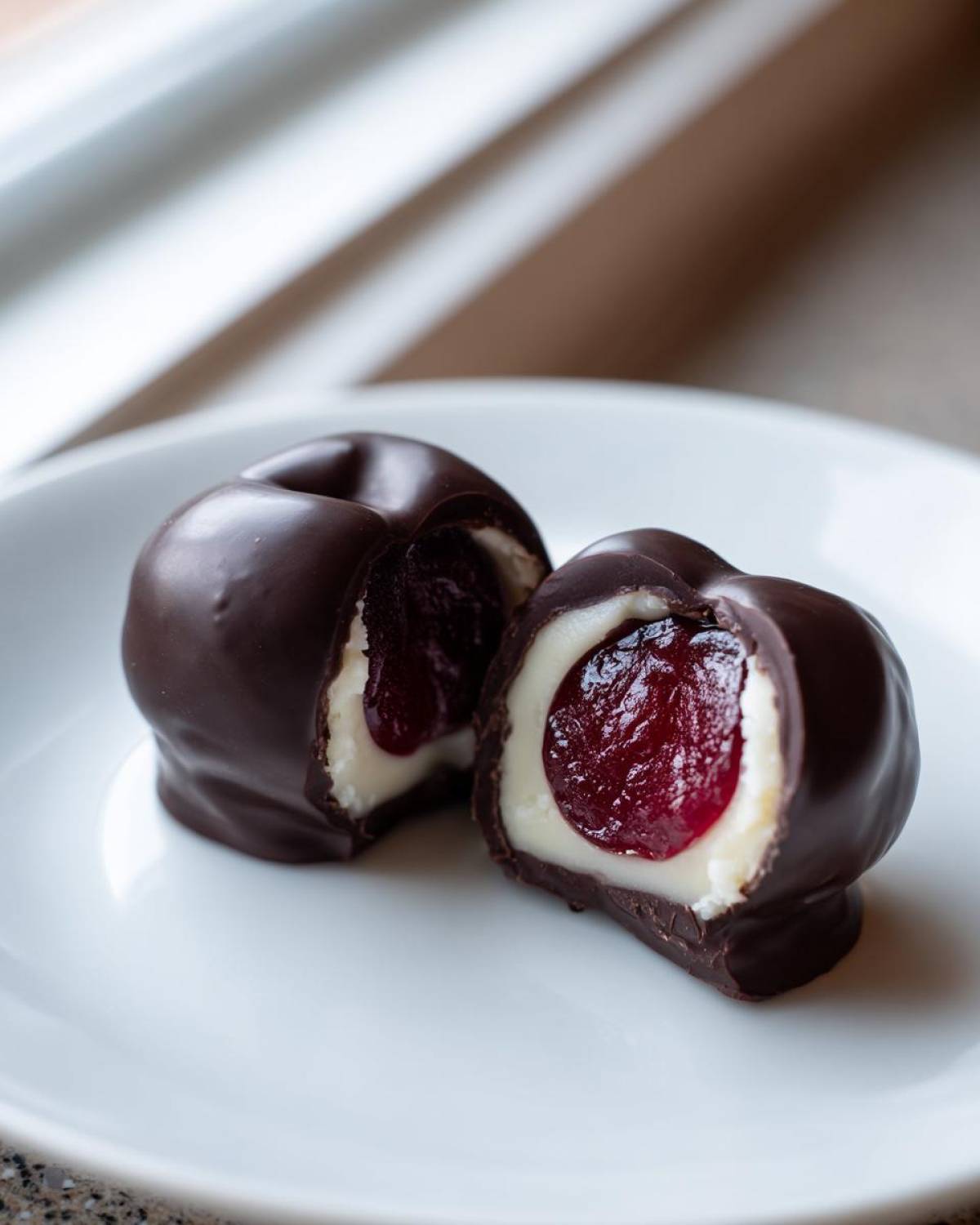 Two homemade chocolate covered cherries, one cut in half showing the creamy white filling and dark red cherry center.