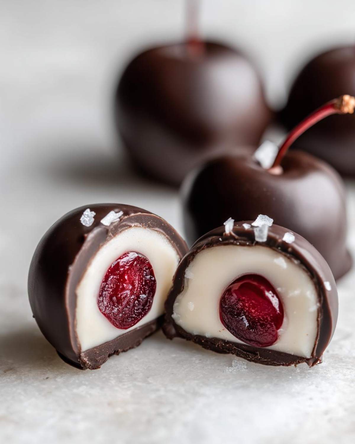 Close-up of a chocolate covered cherries treat cut in half, showing the dark chocolate shell, white cream filling, and a bright red cherry center.