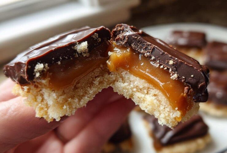Close-up of a twix cookie broken in half showing shortbread base, flowing caramel filling, and chocolate topping.