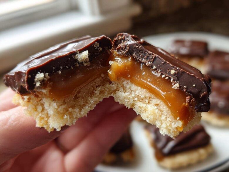 Close-up of a twix cookie broken in half showing shortbread base, flowing caramel filling, and chocolate topping.