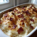 Close-up of baked loaded mashed potatoes topped with melted cheese and crispy bacon bits in a white casserole dish.