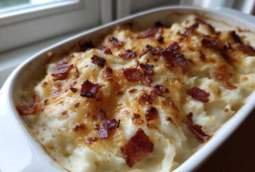 Close-up of baked loaded mashed potatoes topped with melted cheese and crispy bacon bits in a white casserole dish.