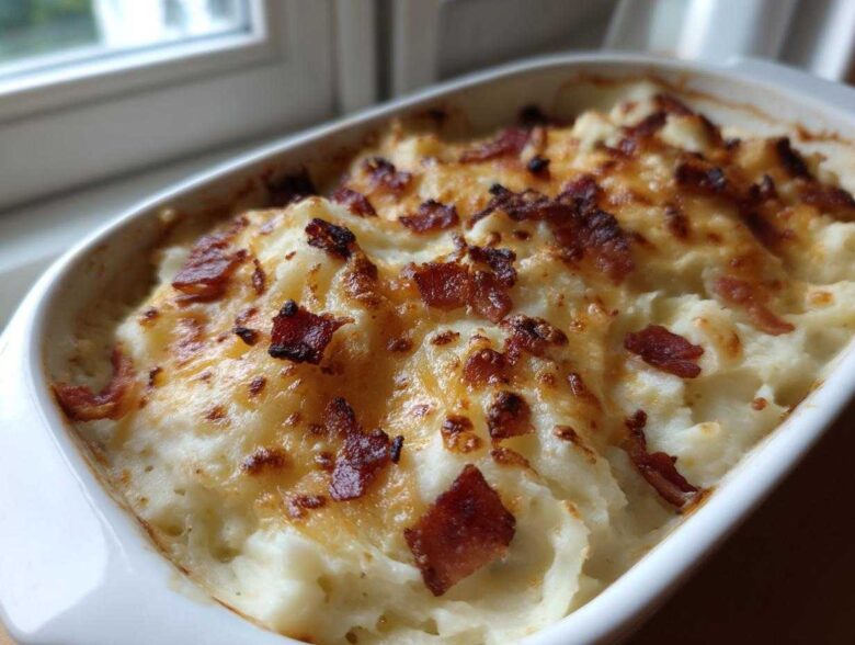 Close-up of baked loaded mashed potatoes topped with melted cheese and crispy bacon bits in a white casserole dish.