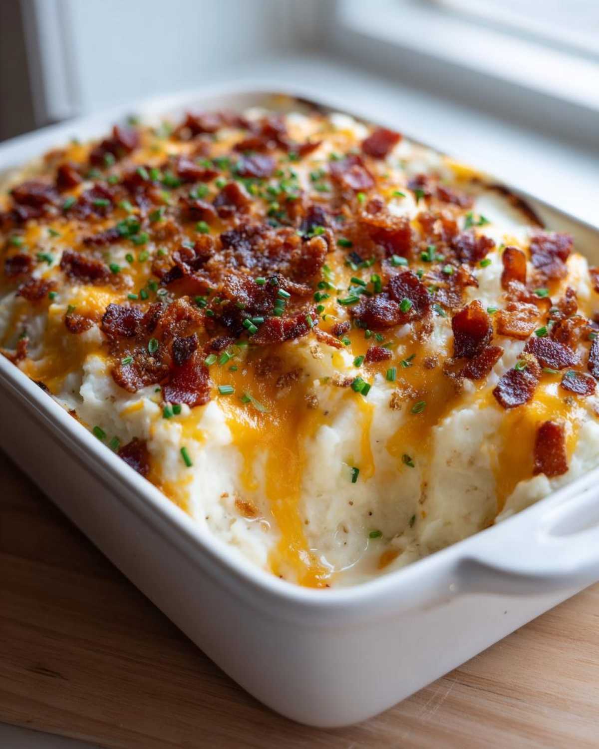 A white baking dish filled with creamy loaded mashed potatoes topped with melted cheddar and crispy bacon bits.