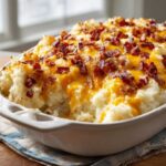 Close-up of a white baking dish filled with creamy loaded mashed potatoes topped with melted cheddar cheese and crispy bacon bits.