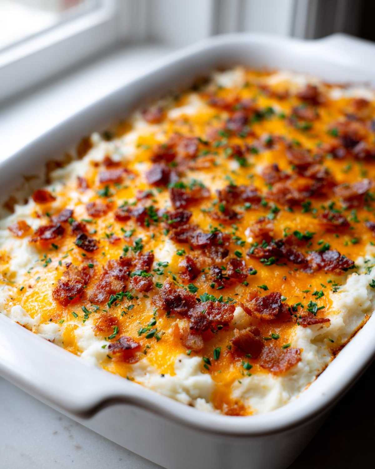 Close-up of baked loaded mashed potatoes topped with melted cheddar cheese, bacon bits, and chives in a white casserole dish.