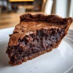 A close-up shot of a decadent slice of fudge pie showing its dense, moist interior on a white plate.