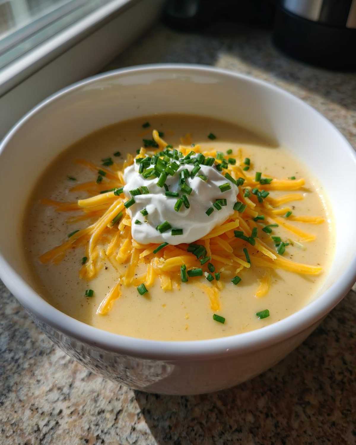 A bowl of creamy easy crockpot potato soup topped with shredded cheddar cheese, sour cream, and fresh chives.