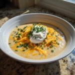 A bowl of creamy easy crockpot potato soup topped with shredded cheddar cheese, sour cream, and chives.