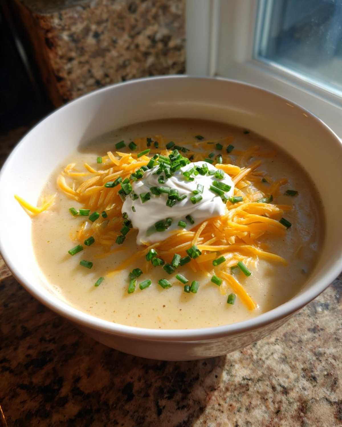 A bowl of creamy easy crockpot potato soup topped with shredded cheddar cheese, sour cream, and fresh chives.