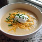 A white bowl filled with creamy easy crockpot potato soup, topped with shredded cheddar cheese, sour cream, and fresh chives.