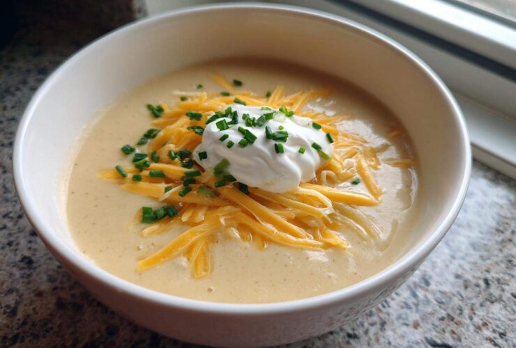 A white bowl filled with creamy easy crockpot potato soup, topped with shredded cheddar cheese, sour cream, and fresh chives.