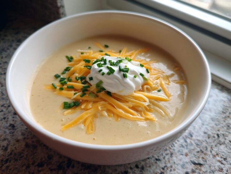 A white bowl filled with creamy easy crockpot potato soup, topped with shredded cheddar cheese, sour cream, and fresh chives.