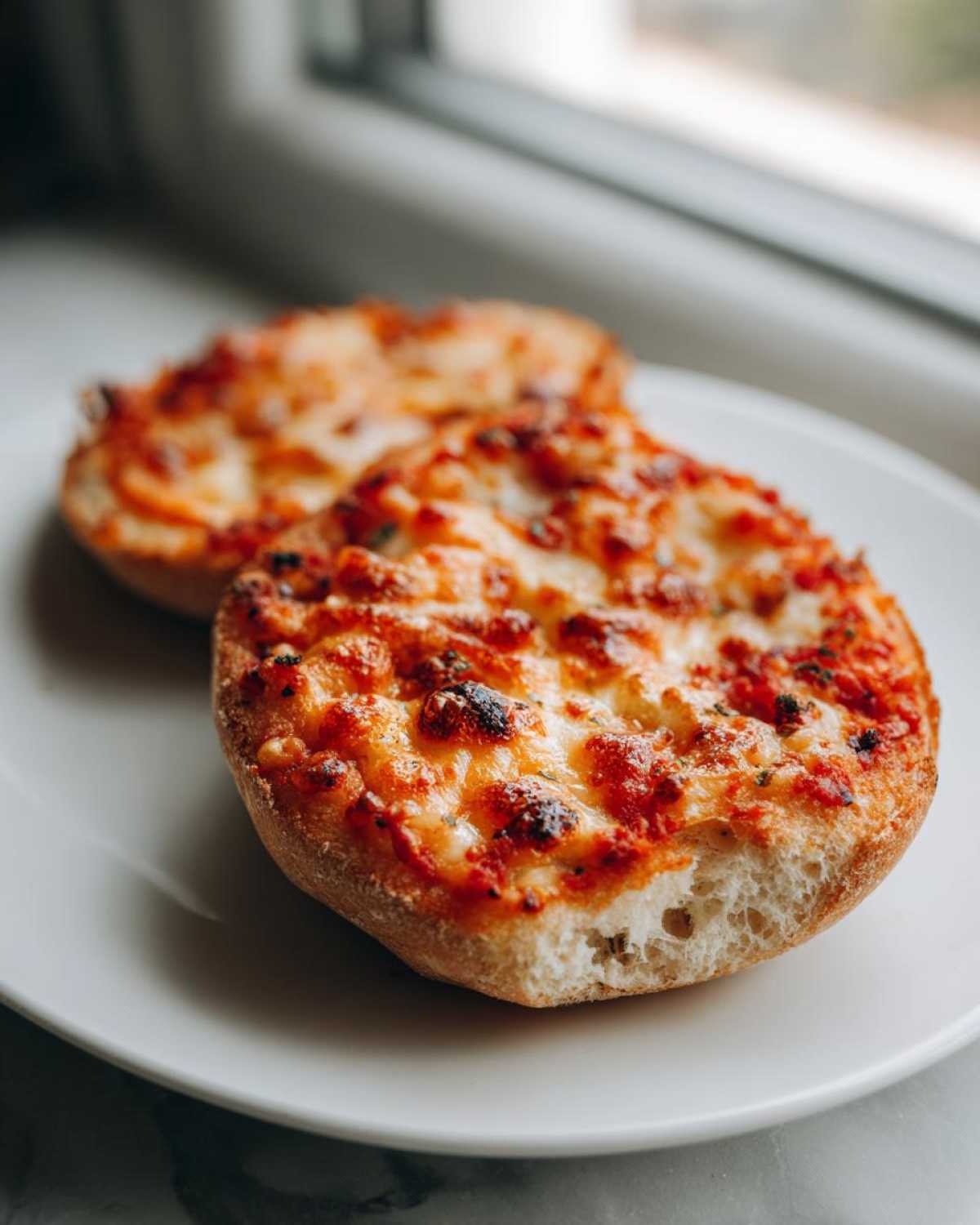Two baked English muffin pizzas with melted, bubbly cheese and tomato sauce served on a white plate.