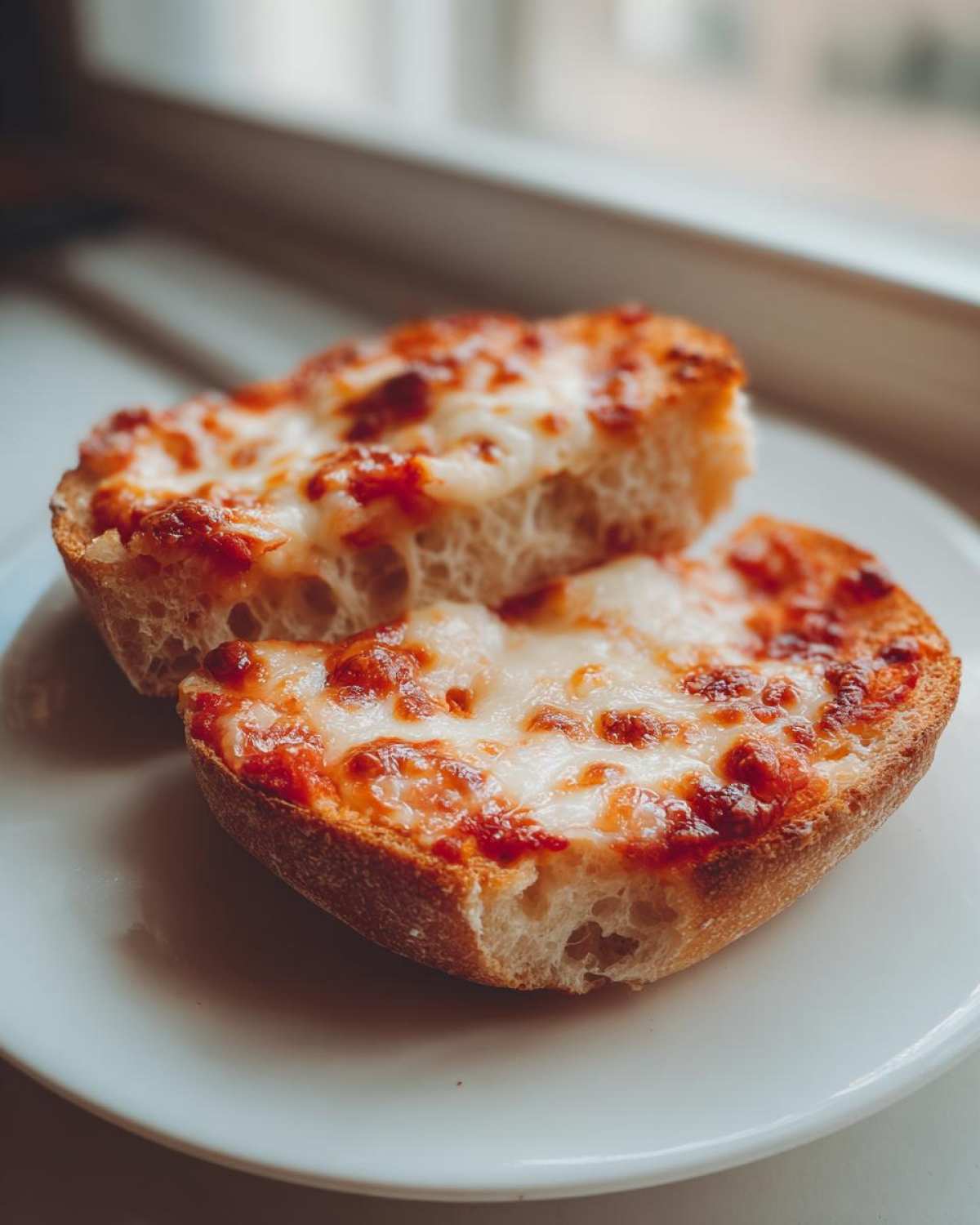 Two halves of a freshly made english muffin pizza topped with melted mozzarella cheese and tomato sauce.
