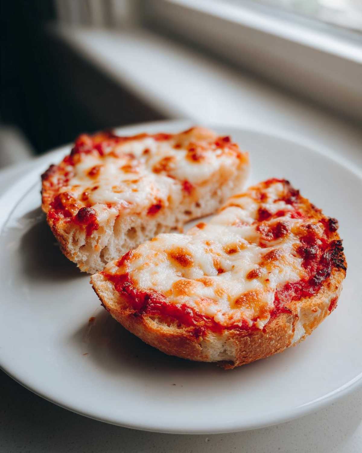 Two halves of a toasted English muffin pizza topped with melted, bubbly cheese and tomato sauce.