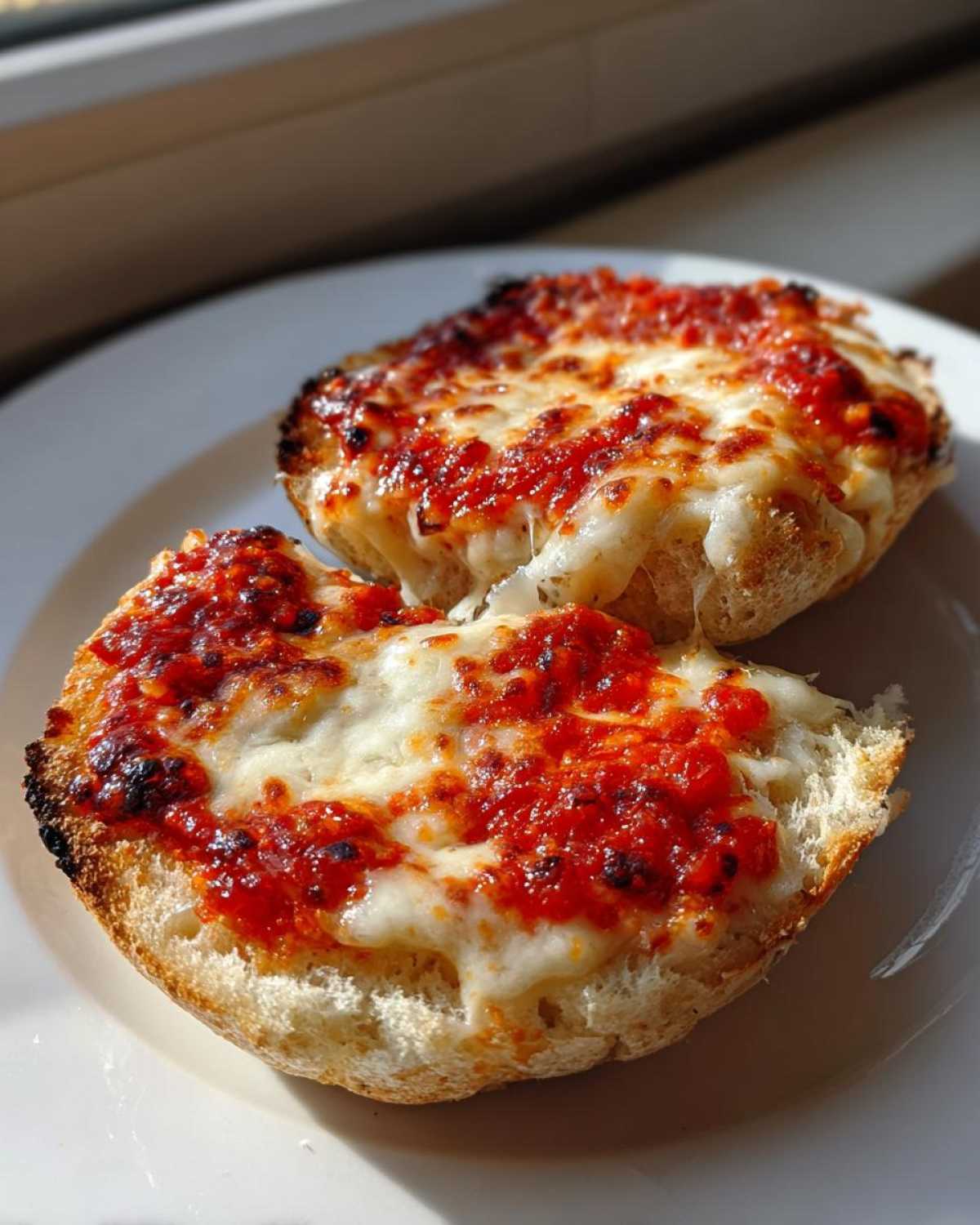 Two halves of a toasted English muffin pizza topped with melted mozzarella and bright red sauce.
