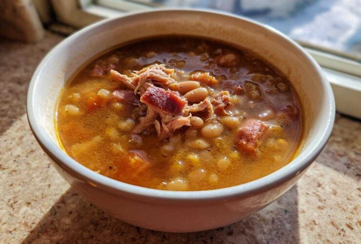 Close-up of a steaming white bowl filled with hearty bean soup topped with shredded ham.