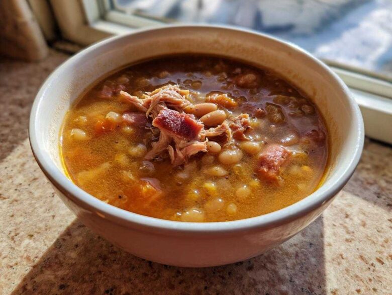 Close-up of a steaming white bowl filled with hearty bean soup topped with shredded ham.