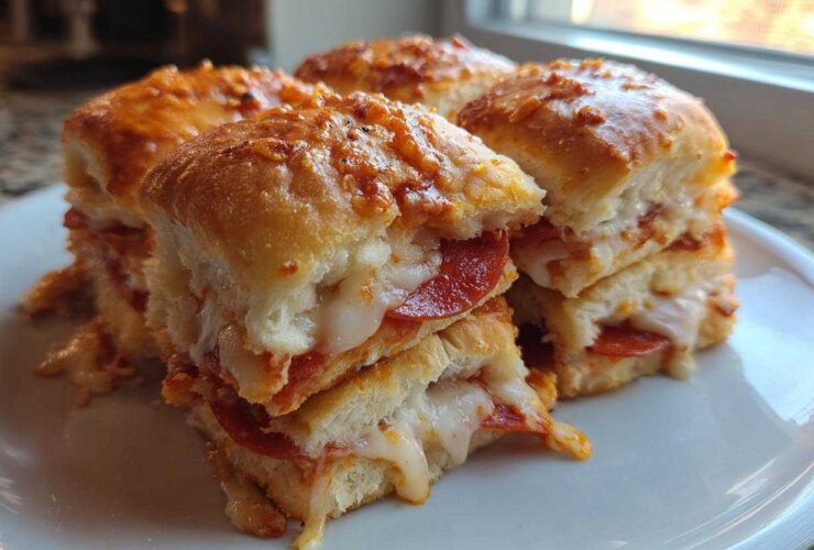 Close-up of four gooey pepperoni pizza sliders stacked on a white plate, featuring melted cheese.