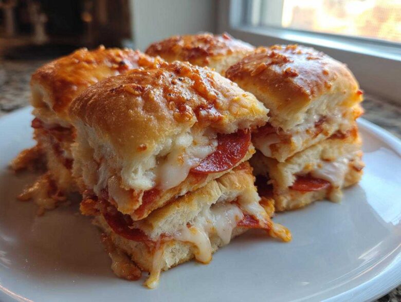 Close-up of four gooey pepperoni pizza sliders stacked on a white plate, featuring melted cheese.
