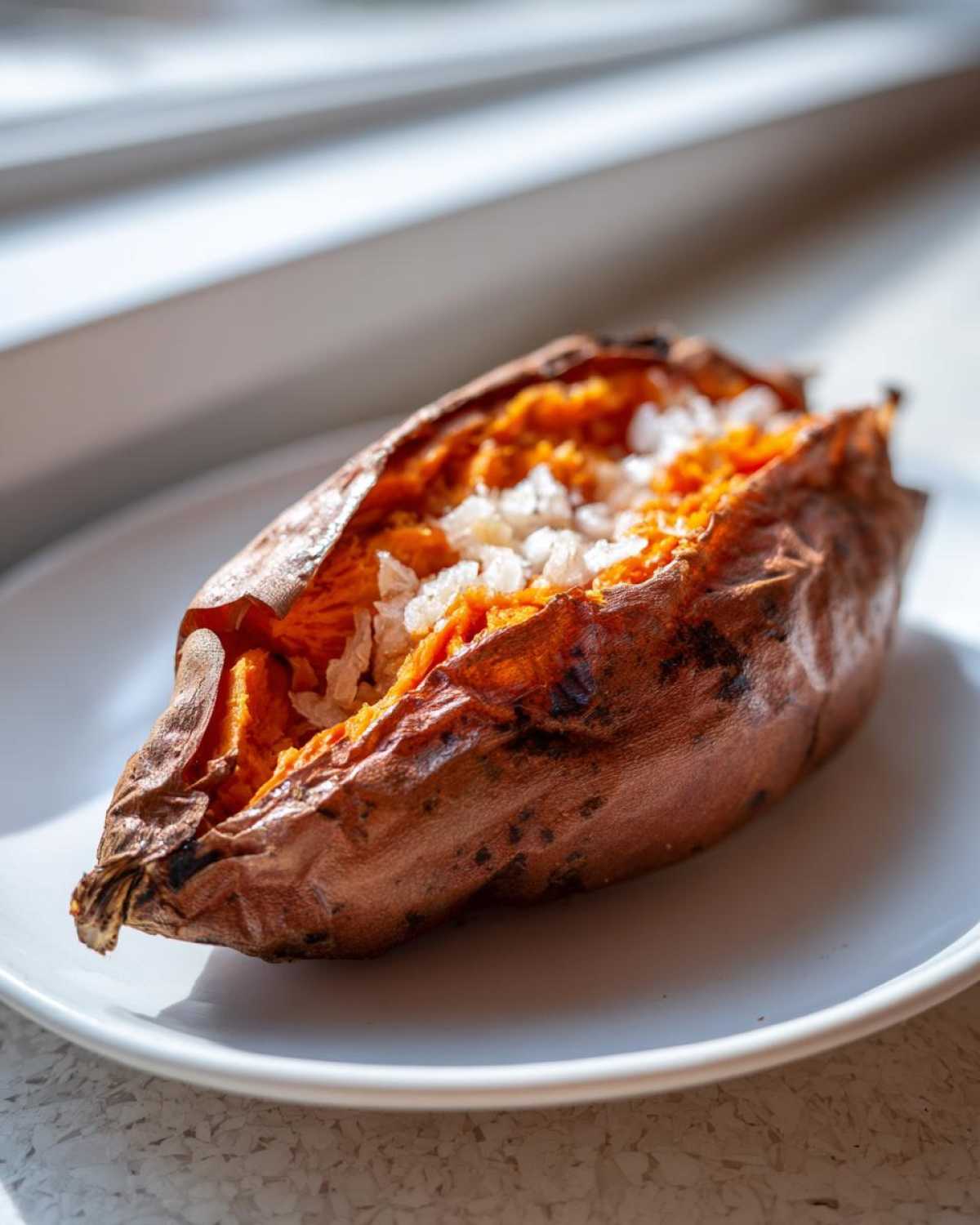 A fluffy baked sweet potato, split open and topped with coarse sea salt, sitting on a white plate.