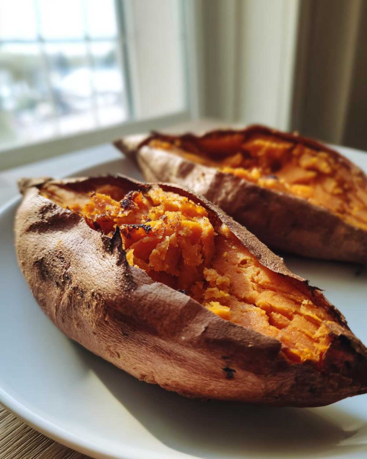 Two perfectly baked sweet potato halves with fluffy orange insides resting on a white plate.